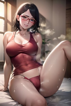 Realistic, (((Photorealistic))), beautiful girl (((masterpiece))), (((hd shot))), absurdres, (((intricate details))), (colorful),((cinematic lighting)),bust shot,(((extremely detailed CG unity 8k wallpaper))),1girl, short hair, sarada uchiha, ((full red tank top)), red shirt, smile, lying_down, red glasses, bed,flowing hair, showing armpit, sexy body, exposed stomach,sweat_drops, steaming_body, black eyes,sarada