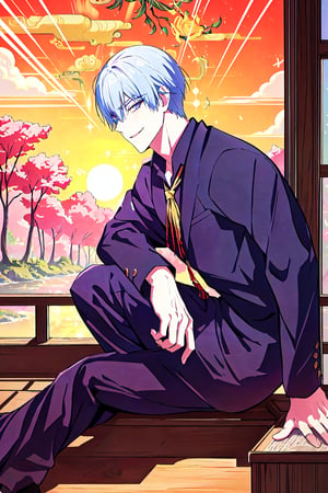 (Masterpiece, Best Quality:1.3), absurdres, (8k resolution),  ultra-detailed, Manga, 2d, illustration, fantasy art, 
school uniform, suit, silver hair, silver eyes, centered, male focus, earring, from side, looking ahead, smile, (detailed face, detailed eyes:1.2), sitting, sharp focus, (details:1.2), 
(depth of field),  high quality, bokeh, dynamic, cinematic, gradients, (shadow), 
anime screen, nature, east asian architecture,Male focus, muscular, jubelian,takeda hiromitsu style