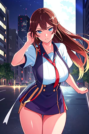 Location: (Night: 1.7), detailed background,

clothing: Modern City Uniform,

hair & face: bangs, brown hair with black lights, blue eyes, long hair, slit pupils, perfect eyes, (beautiful_face:1.5), Beautiful Nose

role lock: 1 girl,Solo, Manga,mature female, Beautiful character design, lustrous skin,

expression: (innocent_big_eyes:1.0),

quality: official art, extremely detailed CG unity 8k wallpaper, perfect lighting, Colorful, Bright_Front_face_Lighting, 
(masterpiece:1.0),(best_quality:1.0), ultra high res,4K,ultra-detailed, 
photography, 8K, HDR, highres, absurdres :1.2 , Kodak portra 400, film grain, blurry background, bokeh:1.2, lens flare, (vibrant_color:1.2) , 

body: (Beautiful,big_Breasts:1.4), (beautiful_face:1.5),(narrow_waist), Beautiful long legs, Beautiful Finger,

others: whisker markings,

character: monogatari series (Style), takeda hiromitsu style, ,aizawa tomo