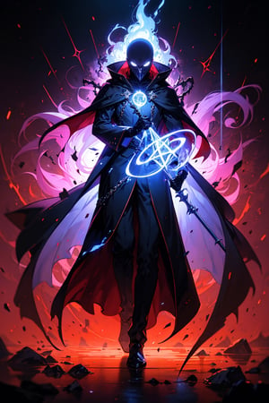 1 man, full body, colorful,  glowing, dark sky, magic, thunder, Unknown terror, arcane, Around the magic ,magic surrounds ,magic rod, blue flame, Warlock, Magical Circle, Pentagram, incantation, mantra, red theme, aura, night background, robe, thorn, hologram, pauldrons, masterpiece, ultra realistic,32k,extremely detailed CG unity 8k wallpaper, best quality ,r1ge