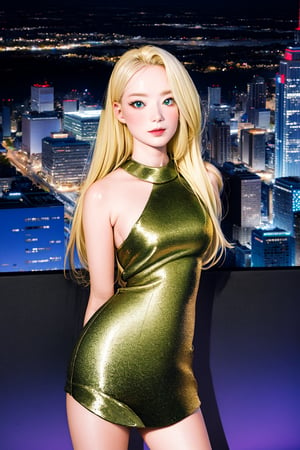 ujifilm XT3, 8k,close up photo, masterpiece, best quality, (((1girl))), solo,realistic, ((looking at viewer)), photorealistic, (extremely detailed face), looking at viewer, ((ultra-detailed eyes and pupils)), ultra detailed, serious expression, ((standing city street at night)), weater, (arms behind back), blonde hair, korean, 20years old, green eyes,
