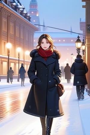 "((top-notch quality)), ((masterpiece)), ((true to life)), Render a stunning portrait of a Russian girl walking, gracefully on a snow-covered Moscow street, illuminated by the soft glow of nearby street lamps, capturing the essence of their culture and beauty at eye level, picturesque, masterpiece.",Extremely Realistic