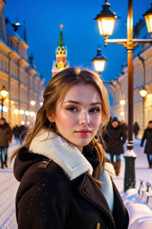 "((top-notch quality)), ((masterpiece)), ((true to life)), Render a stunning portrait of a Russian girl walking, gracefully on a snow-covered Moscow street, illuminated by the soft glow of nearby street lamps, capturing the essence of their culture and beauty at eye level, picturesque, masterpiece.",Extremely Realistic