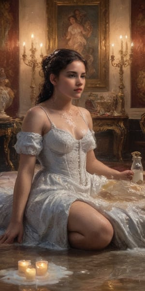(masterpiece portrayal of one character in intimate action), ((a beautiful young woman spilling milk onto herself)),  spilling, splashing, messy, sloppy, seethrough, wet, 

full body vibrant illustrations, intricately sculpted, realistic hyper-detailed portraits, queencore, depicts real life, 
the scene happens in a luxurious baroque bedroom, detailed background, illuminated with a thousand candles