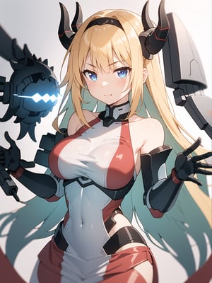 Minamoto, cute face, blue eyes, long hair, blond hair, portrait, (bare shoulders), medium breast, long_hair, blond hair, cosplay mecha girl, suit dress armord mecha, arms cover armored, gloves hands, hairband red devil mecha, (sidelighting), wallpaper, in laboratory area luxury, devil poses,