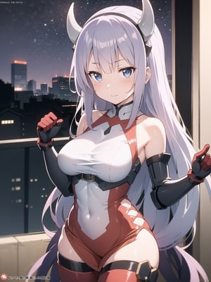 Minamoto, cute face, blue eyes, long hair,  hair details, portrait, (bare shoulders), medium breast, cosplay mecha girl, suit mini dress armord mecha, arms cover armored, gloves hands, hairband red devil mecha, long pants, stocking, snap-fit buckle, thigh holser, (sidelighting), wallpaper, in terrace apartement night 🌌, (devils poses), watermarks writed: [Ard&Art], 