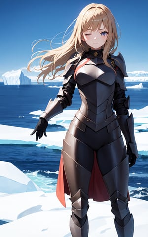 (masterpiece), best quality, hires, autentic background, long hair, brown hair, eyes 
closed, (dress armored suit), 
prompt: The knight girl is investigating an iceberg at the North Pole

