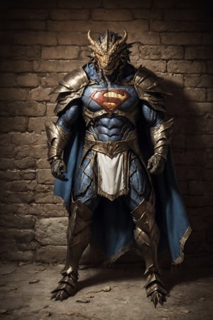 Superman DnD fantasy realist, Superman in medieval fantasy dragon armor, (dragonborn armor 1.2) perfecteyes , best quality, perfect body, perfect anatomi, full body shot, a Hi-Tech , 8k , broken and skretched and ripped armor suit, ((dynamic stand)) medieval castle in far