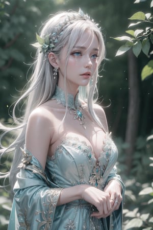 best quality, high resolution, 8k, realistic, sharp focus, photorealistic image of a graceful white haired lady, blue eyes, this lady is a guardian of magical forest, this woman was crying while holding a withered leaf, shiny skin, green theme, huoshen, zhurongshi, huoshen, blurry_light_background, EpicSky,1 girl