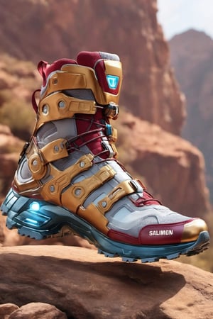 futuristic crypto ironman shoes , Hiking shoes inspire by ironman design, Salomon brand, high_resolution, high detail, realistic, realism,cyborg style,Colourful cat ,steampunk style