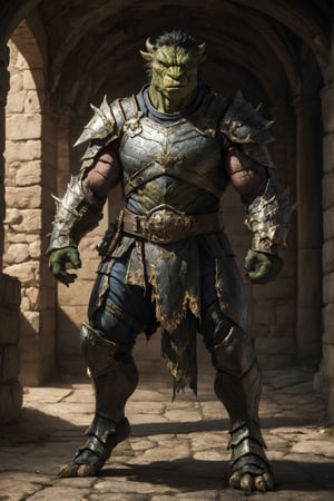 Hulk DnD fantasy realistic born, Hulk in medieval fantasy dragon armor, (dragonborn armor 1.2) perfecteyes , best quality, perfect body, perfect anatomi, full body shot, a Hi-Tech , 8k , broken and skretched and ripped armor suit, ((dynamic stand)) medieval castle in far