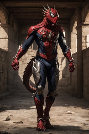 Spiderman DnD fantasy realistic born, spiderman in medieval fantasy dragon armor, (dragonborn armor 1.2) perfecteyes , best quality, perfect body, perfect anatomi, full body shot, a Hi-Tech , 8k , broken and skretched and ripped armor suit, medieval castle in far