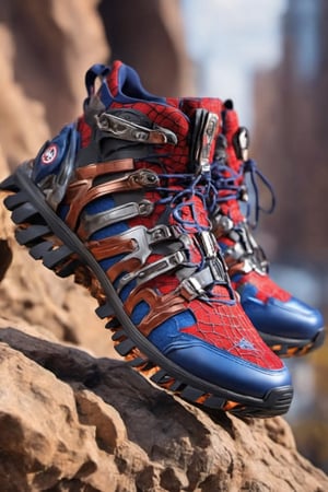 futuristic crypto spiderman shoes , Hiking shoes inspire by spiderman design, Salomon brand, high_resolution, high detail, realistic, realism,cyborg style,Colourful cat ,steampunk style