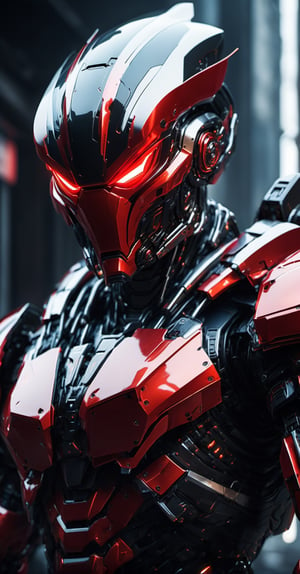 Depict an intimidating alien robot with a fierce and threatening countenance. This robot should be armored in glowing red, exuding a powerful and dominant aura. Visualize these details as if captured through the lens of Fuji Film's finest camera, aiming for realism and intricate detail.