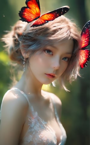 Cinematic of fire fairy girl, red and black tone, beautiful eyes, small_nose, (范冰冰), realistic artwork, high detailed, professional, ultra realistic shot on Fujifilm GFX 50r Darek Zabrocki, Neil Blevins, Cedric Peyravernay, atmospheric, Miki Asai Macro photography, close-up, hyper detailed, trending on artstation, sharp focus, studio photo, intricate details, highly detailed, by greg rutkowski, upper body photo of a transparent porcelain cute creature, with glowing backlit panels, anatomical plants, dark forest, grainy, shiny, with vibrant colors, colorful, ((realistic skin)), glow surreal objects floating, ((floating:1.4)), contrasting shadows, photographic, niji style, 1girl, xxmixgirl, FilmGirl, colored_aura, Movie Still, final_fantasy_vii_remake, ((big_breast:1.1)), transparent_clothing, (transparent_butterflies are part of her body),((depth_of_field)),ellafreya