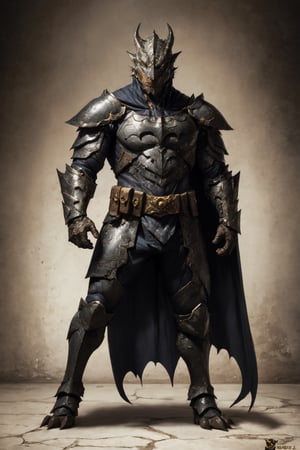 Batman DnD fantasy realist, batman in medieval fantasy dragon armor, (dragonborn armor 1.2) perfecteyes , best quality, perfect body, perfect anatomi, full body shot, a Hi-Tech , 8k , broken and skretched and ripped armor suit, ((dynamic stand)) medieval castle in far