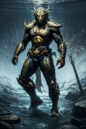 aquaman DnD fantasy realist, aquaman in medieval fantasy dragon armor, (dragonborn armor 1.2) perfecteyes , best quality, perfect body, perfect anatomi, full body shot, a Hi-Tech , 8k , broken and skretched and ripped armor suit, ((dynamic stand)) , best pose, under water drgaonborn, under water