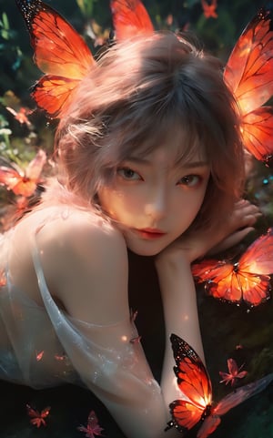 Cinematic of fire fairy girl, red and black tone, beautiful eyes, small_nose, (范冰冰), realistic artwork, high detailed, professional, upper body photo of a transparent porcelain cute creature, with glowing backlit panels, anatomical plants, dark forest, grainy, shiny, with vibrant colors, colorful, ((realistic skin)), glow surreal objects floating, ((floating:1.4)), contrasting shadows, photographic, niji style, 1girl, xxmixgirl, FilmGirl, aura_glowing, colored_aura, Movie Still, final_fantasy_vii_remake, ((big_breast:1.1)), transparent_clothing, (transparent_butterflies are part of her body), sleeping:1.4, ((depth_of_field)),ellafreya