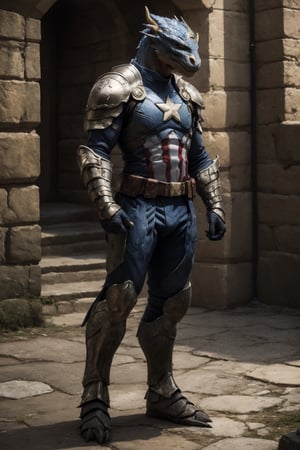 captain america DnD fantasy realistic born, captain america in medieval fantasy dragon armor, (dragonborn armor 1.2) perfecteyes , best quality, perfect body, perfect anatomi, full body shot, a Hi-Tech , 8k , broken and skretched and ripped armor suit, ((dynamic stand)) medieval castle in far