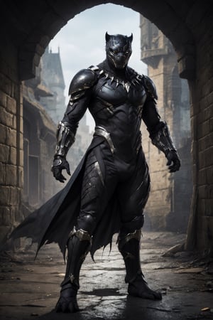 black panther DnD fantasy realisblack panther in medieval fantasy dragon armor, (dragonborn armor 1.2) perfecteyes , best quality, perfect body, perfect anatomi, full body shot, a Hi-Tech , 8k , broken and skretched and ripped armor suit, ((dynamic stand)) medieval castle in far