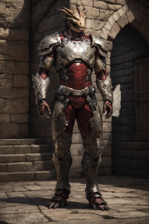 ironman DnD fantasy realistic born, ironman in medieval fantasy dragon armor, (dragonborn armor 1.2) perfecteyes , best quality, perfect body, perfect anatomi, full body shot, a Hi-Tech , 8k , broken and skretched and ripped armor suit, ((dynamic stand)) medieval castle in far
