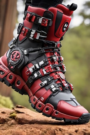futuristic crypto deadpool shoes , Hiking shoes inspire by deadpool design, Salomon brand, high_resolution, high detail, realistic, realism,cyborg style,Colourful cat ,steampunk style