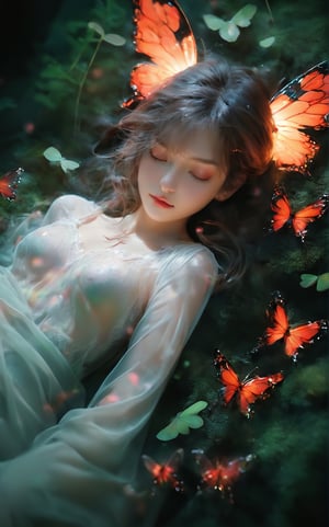 Cinematic of fire fairy girl, red and black tone, beautiful eyes, small_nose, (范冰冰), realistic artwork, high detailed, professional, upper body photo of a transparent porcelain cute creature, with glowing backlit panels, anatomical plants, dark forest, grainy, shiny, with vibrant colors, colorful, ((realistic skin)), glow surreal objects floating, ((floating:1.4)), contrasting shadows, photographic, niji style, 1girl, xxmixgirl, FilmGirl, aura_glowing, colored_aura, Movie Still, final_fantasy_vii_remake, ((big_breast:1.1)), transparent_clothing, (transparent_butterflies are part of her body), sleeping:1.4, ((depth_of_field)),ellafreya