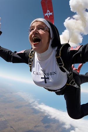 catholic_nun 60 year old screaming, ((solo sky diving)), white teeth, ((catholic nun clothing))