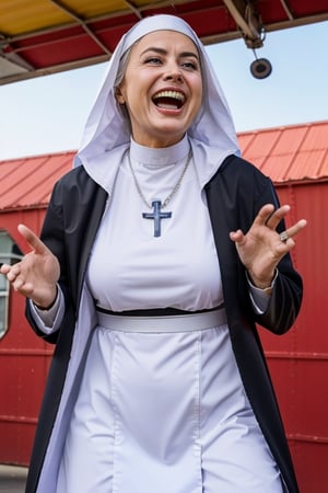 catholic nuny 60 year old screaming, smiling, white teeth, sky diving, carmen electra, (catholic nun clothing)