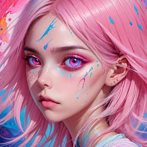 masterpiece, best quality, ultra high res, 1girl, (abstract art:1.4), bleeding color, visually stunning, beautiful, evocative, emotional, side view,colored sclera, brown eyes, ,light pink hair,