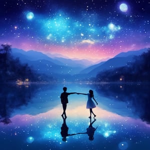 Starry sky, The calm surface of the lake, Dotted fluorescence, A boy and a girl dance, romantic, Beautiful, Happiness, warm, dream, Be quiet, Like a painting, Win many honors, Ultra high picture quality