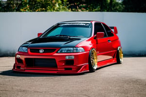 RAW phontograph of honda civic ek9 with wide body kit, rocket bunny, in garage, 