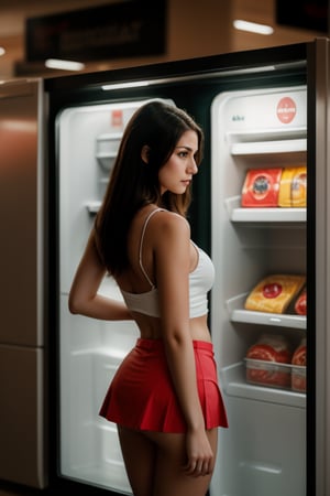 A young woman in a miniskirt bends over the freezer box in a shopping center,(((photorealism:1.4))),perfect eyes