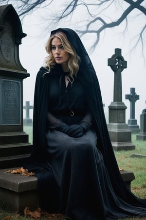 A haunting film still: the same captivating 20- year-old woman sits atop a rusty, old-fashioned hearse, its dim headlights casting an eerie glow on the deserted, fog-shrouded cemetery behind her. Her gaze, cast downward, exudes a sense of foreboding as she wears a tattered, black cloak, her blonde locks now tangled and wild. A mischievous glint in her eye seems to revel in the macabre atmosphere, as the crumbling headstones loom like sentinels in the misty veil.