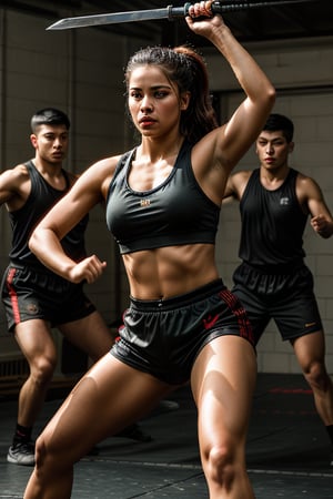 A warrior's fervor: A photorealistic female Fighter stands tall amidst a whirlwind of action, her determined face aglow with subtle practical makeup as she expertly wields her sword amidst a burst of magical energy, framed by bustling soldiers and martial arts training. She wears a utilitarian tank top over army fatigues and combat pants, her movements fluid and dynamic as she commands the chaotic scene, bajonet training in full swing.