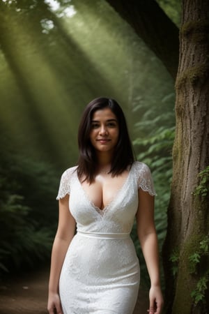 A serene goddess of the trees circa 21 years old, with wavy black locks and piercing brown eyes, donning a flowing transparent white lace gown that accentuates her modest yet alluring cleavage. Standing amidst the forest's vibrant greenery, she basks in the warm sunshine, her figure and surroundings harmoniously framed against the dappled light filtering through the trees.,Courage,Beauty,Courage,Elegant 