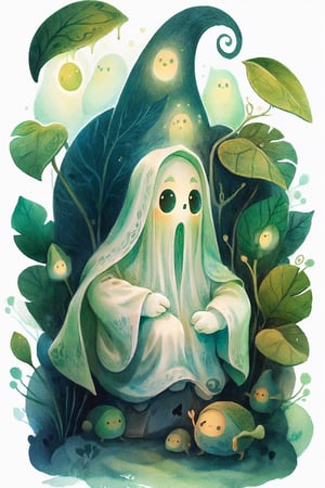 Portrait of cute scary ghost white sheet, full shot (FS), | (white background:1.2), simple background | , muted colors, digital art, medieval, 8K resolution, ultra quality, Watercolor, trending on artstation, intricate details, highly detailed, (by Kerem Beyit:1.2), Leaf