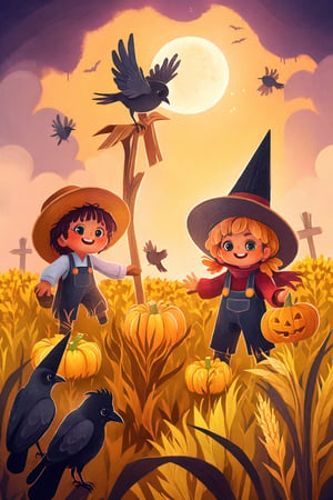 cute scarecrows is posing in the corn field in farm next to a creepy crow. in artistic style, night background, masterpiece, realistic, highly detailed, movie still, Halloween trickorten