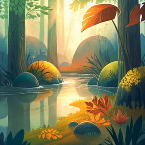 a number of leaves on the ground near a body of water, a picture, by Sebastian Spreng, shutterstock, beautiful sunrise lighting, bursting with holy light, in the autumn forest, absolutely outstanding image, water reflecting suns light, stock photo, sf, intricate artwork masterpiece, ominous, matte painting movie poster, golden ratio, trending on cgsociety, intricate, epic, trending on artstation, by artgerm, h. r. giger and beksinski, highly detailed, vibrant, production cinematic character render, ultra high quality 