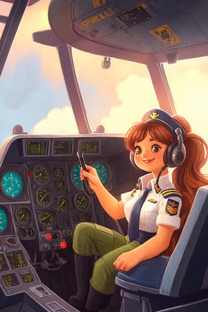 beautiful woman wears pilot uniform, in the cockpit, 4k, masterpiece, best quality, realistic, sharp focus, award winning, cinematic lighting, extremely detailed, epic, cleavage:1.2, sexy, 1girl, long hair, ponytail hair, cute smile, cute eyes, huge smile, happy