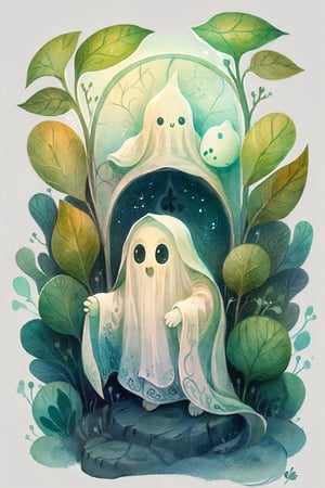 Portrait of cute scary ghost white sheet, full shot (FS), | (white background:1.2), simple background | , muted colors, digital art, medieval, 8K resolution, ultra quality, Watercolor, trending on artstation, intricate details, highly detailed, (by Kerem Beyit:1.2), Leaf