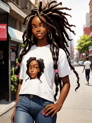 (photorealistic):1.4,break,
head and full body shot of a very confident urban modern stunning beautiful very african woman, best quality, 8k, 8k UHD, ultra realistic, ultra detailed, very long dreadlocks hair, healthy, rich, hyperdetailed photography, real photo, realistic eyes, solo female, beautiful, (stunning african woman with dark skin):1.3, exceptional anatomy, detailed hair, punk t-shirt, jeans and high-heels, outdoors, busy new york street:1.3, detailed face, playful, 25 years old, smile, natural beauty, upper body, confident, womanup, brave, proud, dynamic pose, dynamic angle, very trendy woman clothes, very colored perfect nailpolish on very longfingernails, african fashion,Epicrealism