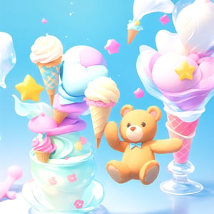 3d, cute teddy bears buying ice cream, fantasy land, characters focus