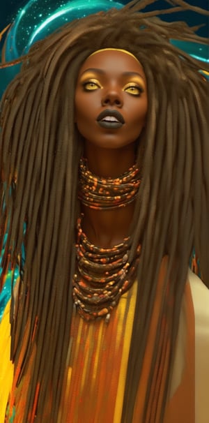 best quality, 8k, 8k UHD, ultra realistic, ultra detailed, hyperdetailed photography, real photo, realistic eyes, solo female, beautiful, (stunning african woman with dark skin):1.3, exceptional anatomy, detailed hair, blouse, photo real, outdoors, intricate deep space wormhol background, gravity bending, absurd coloful, insanely abusrdres, glowing dreadlocks, detailed face, playful, 25 years old, smile, awe and eauty, head and full body portrait, mage girl, (((throwing spell, casting spell))), realistic casting throwing spell movement, ethereal, african sci-fi fashion, high action combat, Epicrealism, 3d, high quality intense-colorful-anatomic-physics-based rendering, corona rendering, ,High detailed ,DonMBl00mingF41ryXL , solo:1.2,  (((dark skin, black skin, solo)):1.4), realhands, Dark_Fantasy_Style, beyond_the_black_rainbow, 