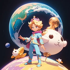 super cute Little Prince (Saint-ExsperY) STANDING ON HIS MICRO SPHERIC PLANET, 3D, cute cartoon style, colorful, very clear, very creative, beautiful, 3d childish cute cartoon style:1.3, exceptional cute lITTLE pRINCE anatomy,  incredibly absurdres, break, (ultra quality, high quality, best quality, exceptional quality, new, newest, best aesthetic, original, outstanding, exceptional), epic cute, cute details, intricate cute detailed texture materials, BEAUTIFUL DEEP SPACE IN T HE VERY BACKGROUND:1.4, PERFECT SCALING, PERFECT GEOMTRY, PERFECT PERSPECTIVE, VERY PASTEL, EXCEPTIONAL VERY WELL DRAWN REALISTIC HANDS WIH ACCURATE NUMBER OF DETAILED SMOOTH CUTE FINGERS, PERFECT PLANET GEOMETRY, LITTLE PRICE COMPOSITION MASTERPICE, cg, CGI, 