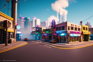 isometric scene of a cyberpunk suburb, small shops, small buildings, with neon signs, asphalted streets, artificial glowing nature, cute, cozy, isometric architecture masterpiece, perfect geometrym, convidative atmosphere, cute, video game style and design, 3d scenery composition, absurdres, intricate details, beautiful sky, very cyberpunk setting, smooth, original, new, newest, best aesthetic, 4k 8k 16k 32k 64k, realistic mini city map coherent composition, different intrinsic buildings, cinestill, moviestill, cinematic lighting, very high resolution, best textures materials, strong depth o field, 3d, high poly, high quality physic-based rendering, ray-tracing, realistic shadows, god rays, fog, impressive, very videogame scenario,