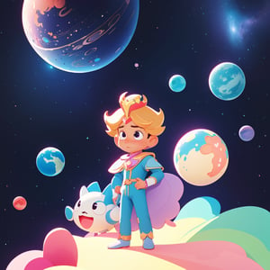 super cute Little Prince (Saint-ExsperY) STANDING ON HIS MICRO SPHERIC PLANET, 3D, cute cartoon style, colorful, very clear, very creative, beautiful, 3d childish cute cartoon style:1.3, exceptional cute lITTLE pRINCE anatomy,  incredibly absurdres, break, (ultra quality, high quality, best quality, exceptional quality, new, newest, best aesthetic, original, outstanding, exceptional), epic cute, cute details, intricate cute detailed texture materials, BEAUTIFUL DEEP SPACE IN T HE VERY BACKGROUND:1.4, PERFECT SCALING, PERFECT GEOMTRY, PERFECT PERSPECTIVE, VERY PASTEL, 