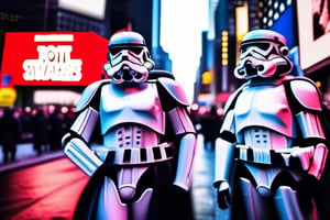 the assassination of julius caesar in time square by the starwars stromtroopers, white, roit, in the style of vincenzo camuccini, hyperrealism, cinematic, bokeh