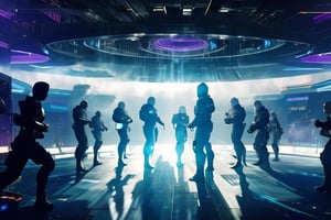 (best ultra high absurd quality):1.5, BREAK, full height, dramatic scene of (a group of multiple cyberpunk soldiers:1.4) fighting in holographic sci-fi battlefield against holograms, westworld, realistic fighting pose movement, absurdres, (((ultra detailed, full group of soldiers and fighting in scene))), 200mm, mirrorless digital camera, cinematic lighting, laser beams, heavy armor, heavy guns, BREAK,
(photorealistic intense dynamic action scene movement:1.3), panorama, strong depth of field, god rays, character focus, intricate masterpiece, epic detailed, (RAW, photo), 40000dpi, very clear, ,High detailed 