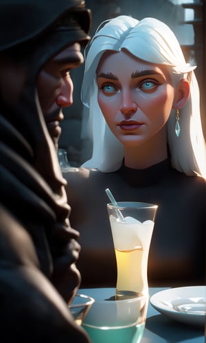 viking woman and her viking husband at sideroad cafe, modern landscape art, detailed digital art style by Edward Hopper, James Gilleard, trending on artstation, digital art, fantasy art, octane render, unreal engine, high detail, very realistic, 3d, glass reflections, liquid refractions, jewelry refractions, 